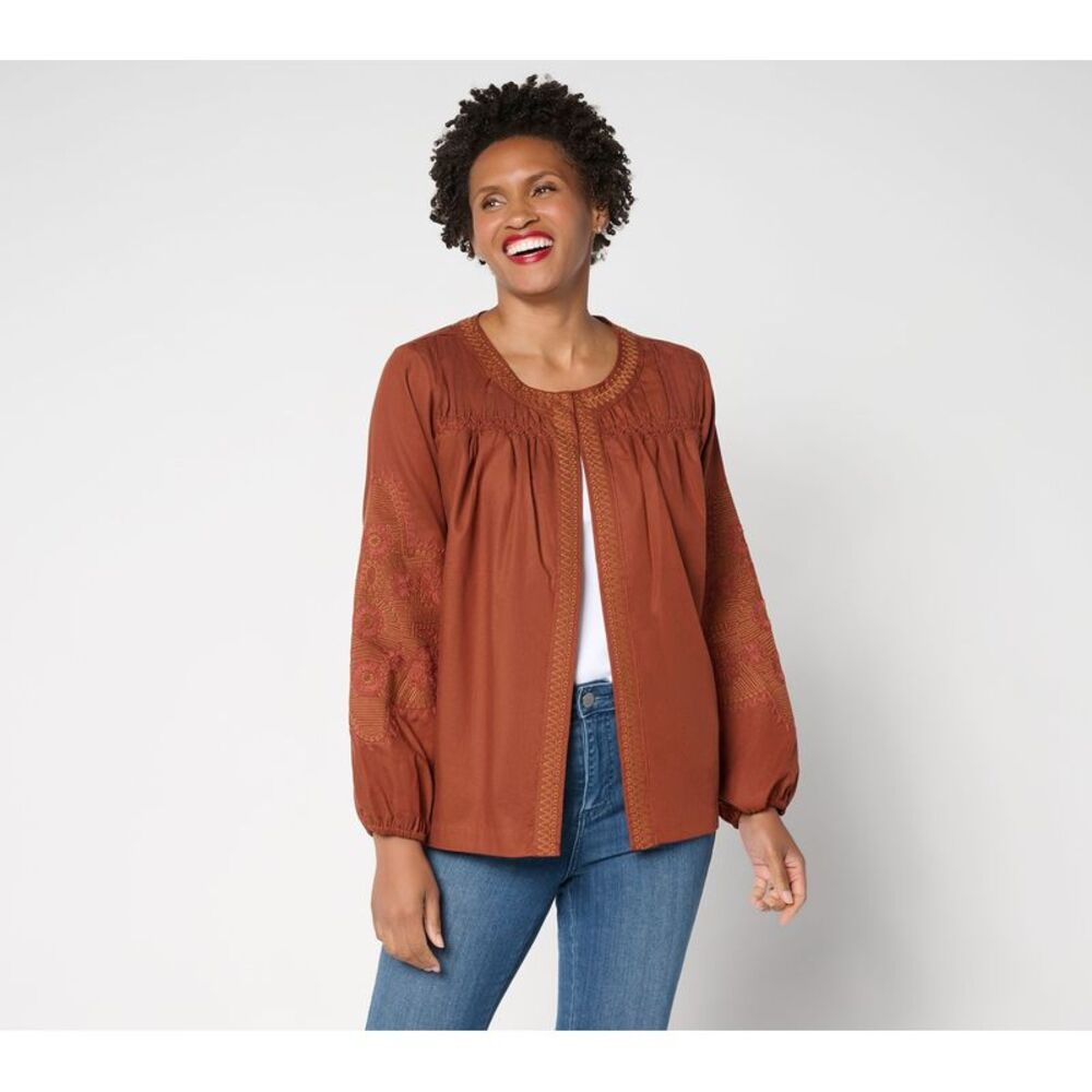 Susan Graver Women's Jacket Sz XS Weekend Washed Twill Embroidered Brown